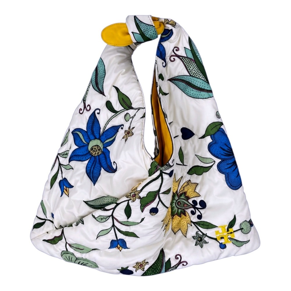 Tory Burch Zoe Tie Bag Floral Quilted Padded Hobo Shoulder Bag Yellow White - Picture 2 of 13
